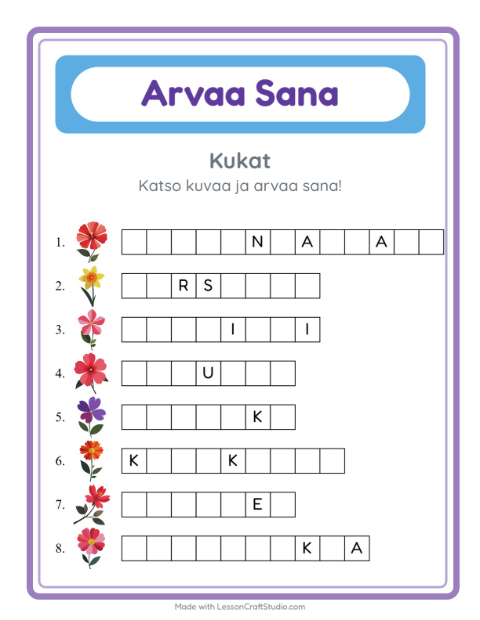 Esikatselu: Arvaa Sana-tehtäväarkki, aiheena Kukat, Esiopetus