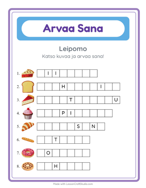 Esikatselu: Arvaa Sana-tehtäväarkki, aiheena Leipomo, Esiopetus