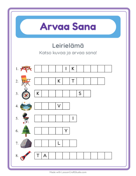 Esikatselu: Arvaa Sana-tehtäväarkki, aiheena Leirielämä, Esiopetus