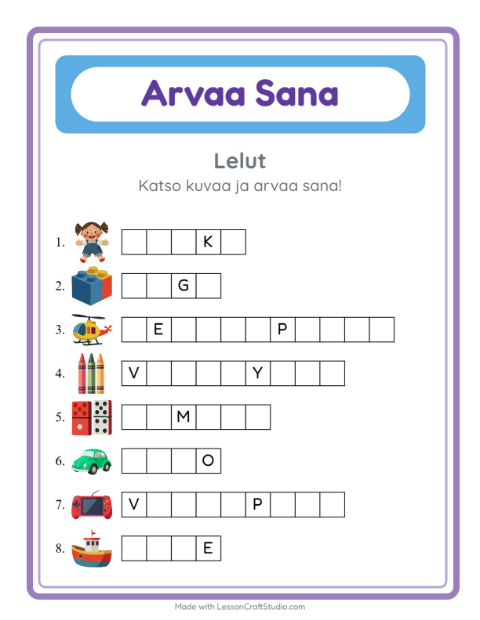 Esikatselu: Arvaa Sana-tehtäväarkki, aiheena Lelut, Esiopetus