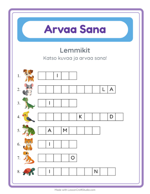 Esikatselu: Arvaa Sana-tehtäväarkki, aiheena Lemmikit, Esiopetus