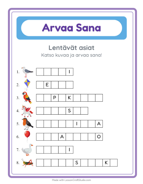 Esikatselu: Arvaa Sana-tehtäväarkki, aiheena Lentävät asiat, Esiopetus