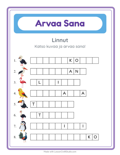 Esikatselu: Arvaa Sana-tehtäväarkki, aiheena Linnut, Esiopetus