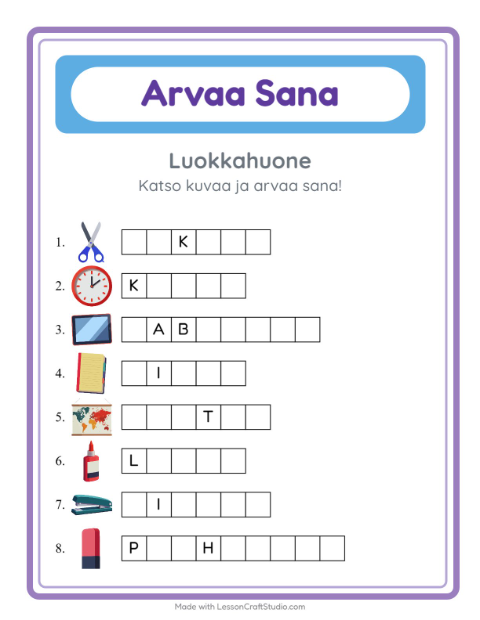 Esikatselu: Arvaa Sana-tehtäväarkki, aiheena Luokkahuone, Esiopetus