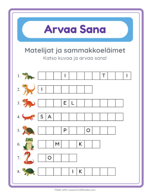 Esikatselu: Arvaa Sana-tehtäväarkki, aiheena Matelijat ja sammakkoeläimet, Esiopetus
