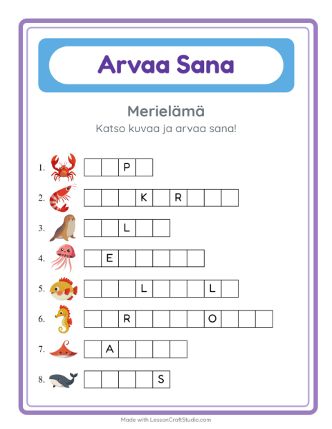 Esikatselu: Arvaa Sana-tehtäväarkki, aiheena Merielämä, Esiopetus