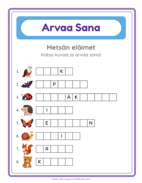 Esikatselu: Arvaa Sana-tehtäväarkki, aiheena Metsän eläimet, Esiopetus