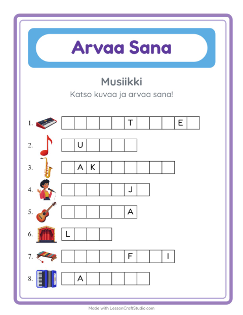 Esikatselu: Arvaa Sana-tehtäväarkki, aiheena Musiikki, Esiopetus