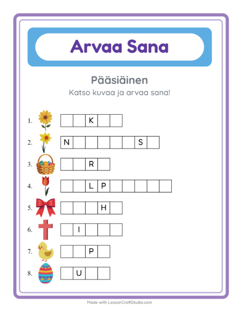 Esikatselu: Arvaa Sana-tehtäväarkki, aiheena Pääsiäinen, Esiopetus
