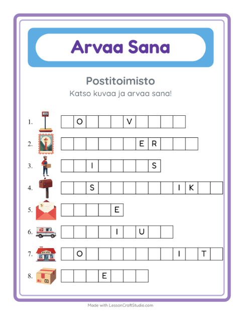 Esikatselu: Arvaa Sana-tehtäväarkki, aiheena Postitoimisto, Esiopetus