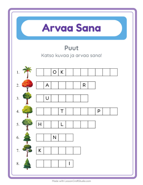 Esikatselu: Arvaa Sana-tehtäväarkki, aiheena Puut, Esiopetus