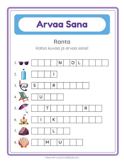 Esikatselu: Arvaa Sana-tehtäväarkki, aiheena Ranta, Esiopetus