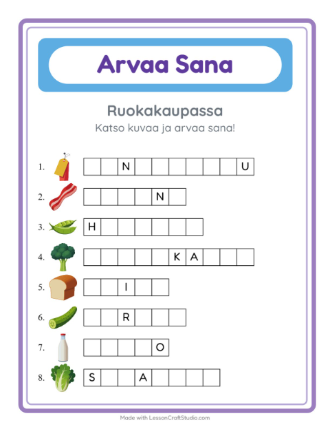 Esikatselu: Arvaa Sana-tehtäväarkki, aiheena Ruokakaupassa, Esiopetus