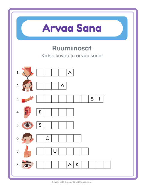 Esikatselu: Arvaa Sana-tehtäväarkki, aiheena Ruumiinosat, Esiopetus