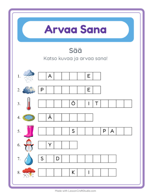 Esikatselu: Arvaa Sana-tehtäväarkki, aiheena Sää, Esiopetus
