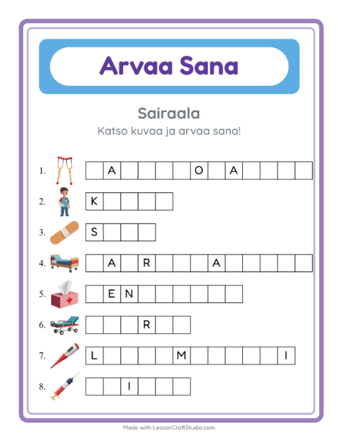 Esikatselu: Arvaa Sana-tehtäväarkki, aiheena Sairaala, Esiopetus