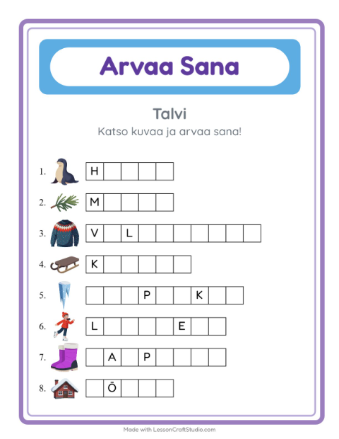 Esikatselu: Arvaa Sana-tehtäväarkki, aiheena Talvi, Esiopetus