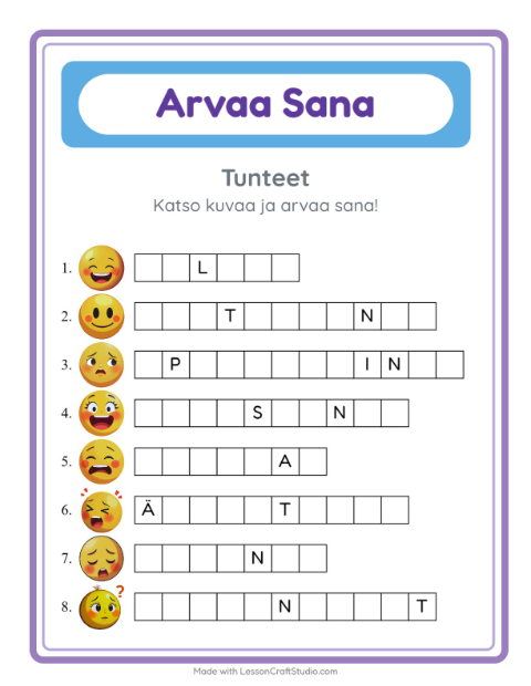 Esikatselu: Arvaa Sana-tehtäväarkki, aiheena Tunteet, Esiopetus