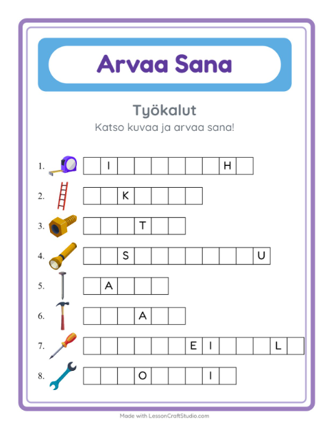 Esikatselu: Arvaa Sana-tehtäväarkki, aiheena Työkalut, Esiopetus