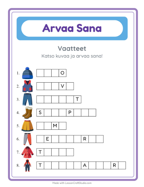 Esikatselu: Arvaa Sana-tehtäväarkki, aiheena Vaatteet, Esiopetus