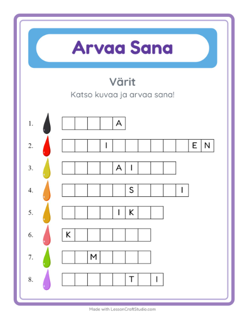 Esikatselu: Arvaa Sana-tehtäväarkki, aiheena Värit, Esiopetus