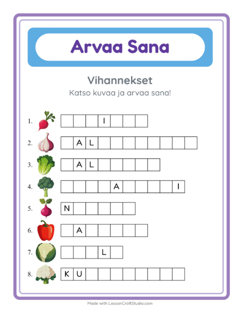 Esikatselu: Arvaa Sana-tehtäväarkki, aiheena Vihannekset, Esiopetus