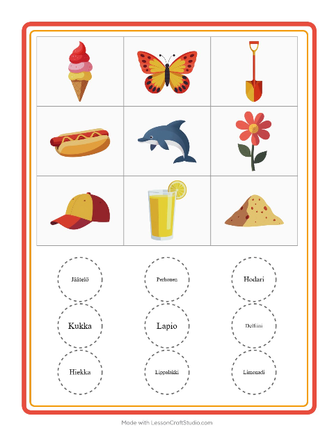 Esikatselu: Bingo-tehtäväarkki, aiheena Kesä, Esiopetus