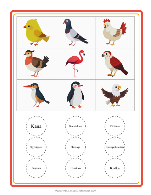 Esikatselu: Bingo-tehtäväarkki, aiheena Linnut 2, Esiopetus