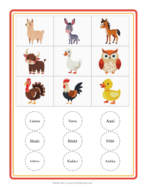 Kuvabingo: Maatilan eläimet – esikouluikäisille — 2