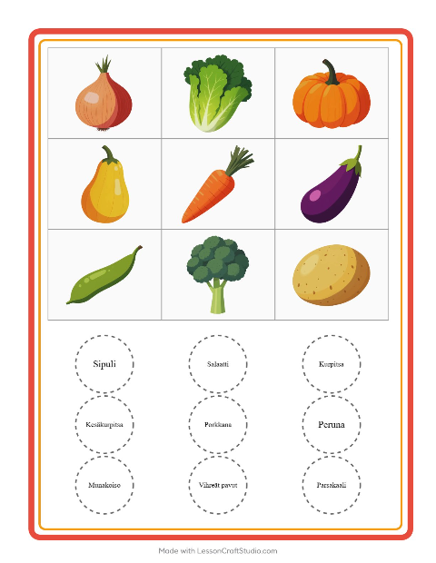 Esikatselu: Bingo-tehtäväarkki, aiheena Vihannekset, Esiopetus