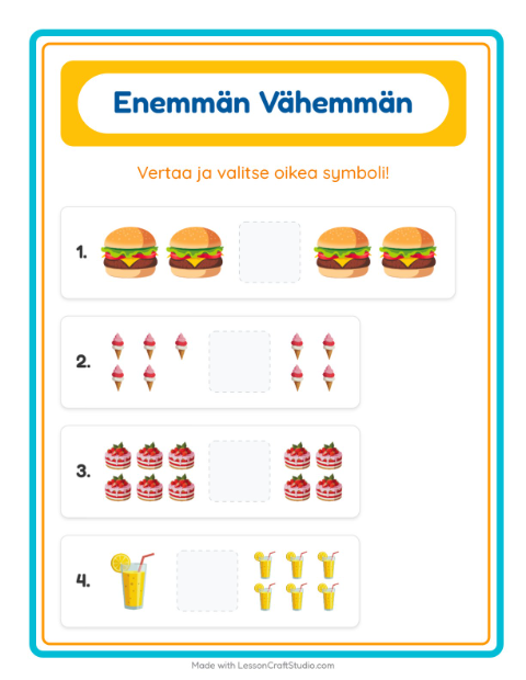 Esikatselu: Enemmän Vai Vähemmän-tehtäväarkki, aiheena Heinäkuun 4., Varhaiskasvatus