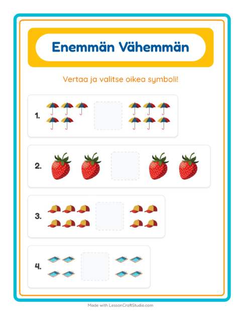 Esikatselu: Enemmän Vai Vähemmän-tehtäväarkki, aiheena Kesä, Varhaiskasvatus