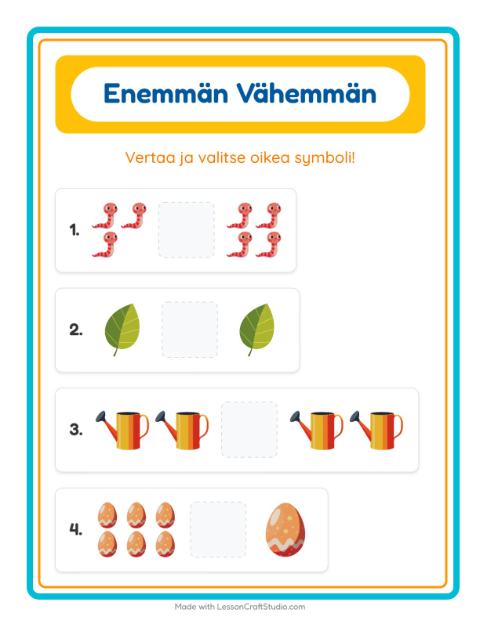 Esikatselu: Enemmän Vai Vähemmän-tehtäväarkki, aiheena Kevät, Varhaiskasvatus