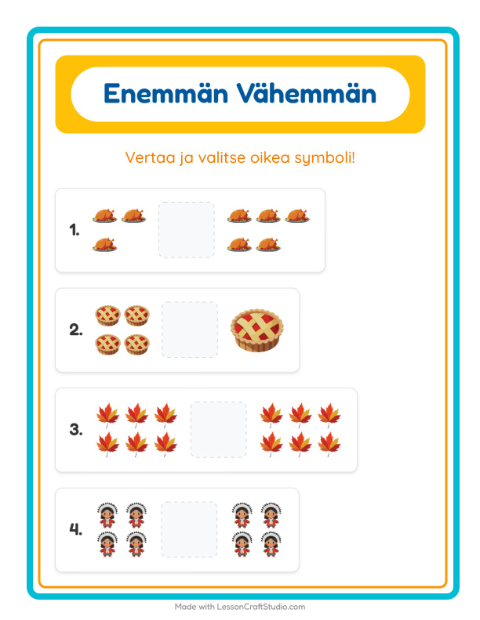 Esikatselu: Enemmän Vai Vähemmän-tehtäväarkki, aiheena Kiitospäivä, Varhaiskasvatus
