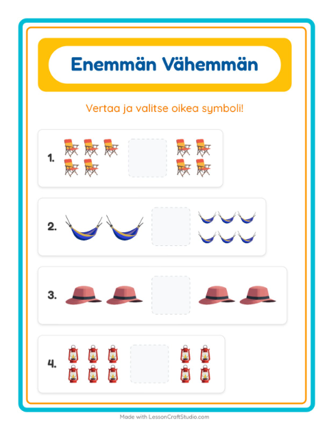 Esikatselu: Enemmän Vai Vähemmän-tehtäväarkki, aiheena Leirielämä, Varhaiskasvatus
