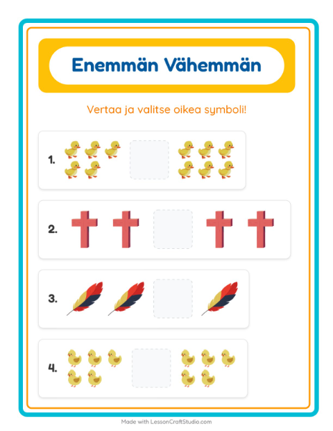Esikatselu: Enemmän Vai Vähemmän-tehtäväarkki, aiheena Pääsiäinen, Varhaiskasvatus