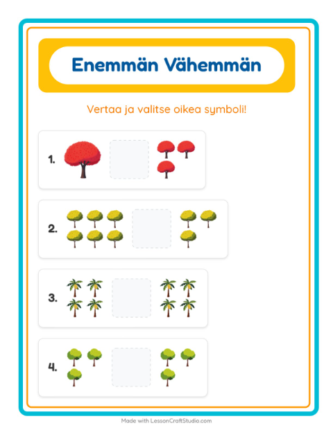 Esikatselu: Enemmän Vai Vähemmän-tehtäväarkki, aiheena Puut, Varhaiskasvatus