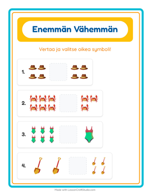 Esikatselu: Enemmän Vai Vähemmän-tehtäväarkki, aiheena Ranta, Varhaiskasvatus