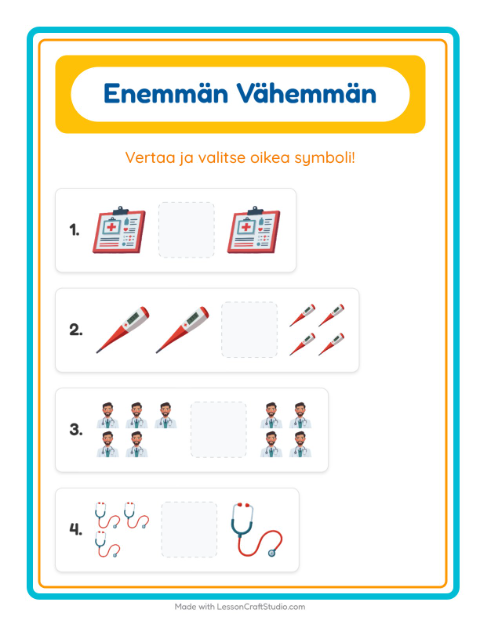 Esikatselu: Enemmän Vai Vähemmän-tehtäväarkki, aiheena Sairaala, Varhaiskasvatus