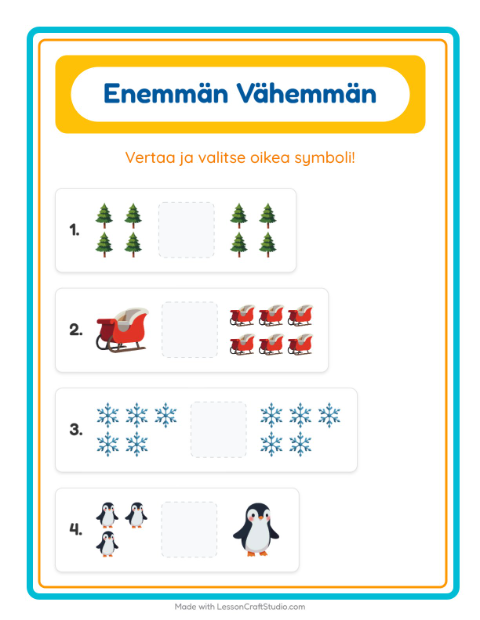 Esikatselu: Enemmän Vai Vähemmän-tehtäväarkki, aiheena Talvi, Varhaiskasvatus
