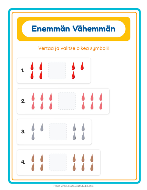 Esikatselu: Enemmän Vai Vähemmän-tehtäväarkki, aiheena Värit, Varhaiskasvatus