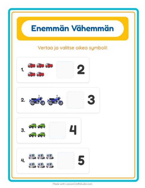 Esikatselu: Enemmän Vai Vähemmän-tehtäväarkki, aiheena Ajoneuvot, Varhaiskasvatus