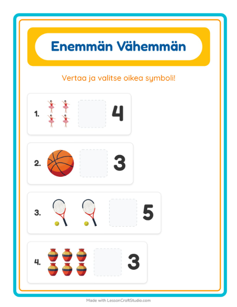 Esikatselu: Enemmän Vai Vähemmän-tehtäväarkki, aiheena Aktiviteetit, Varhaiskasvatus