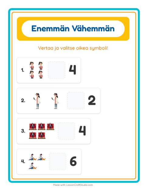 Esikatselu: Enemmän Vai Vähemmän-tehtäväarkki, aiheena Ammatit, Varhaiskasvatus