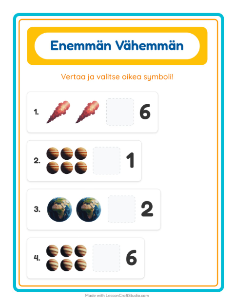 Esikatselu: Enemmän Vai Vähemmän-tehtäväarkki, aiheena Avaruus, Varhaiskasvatus