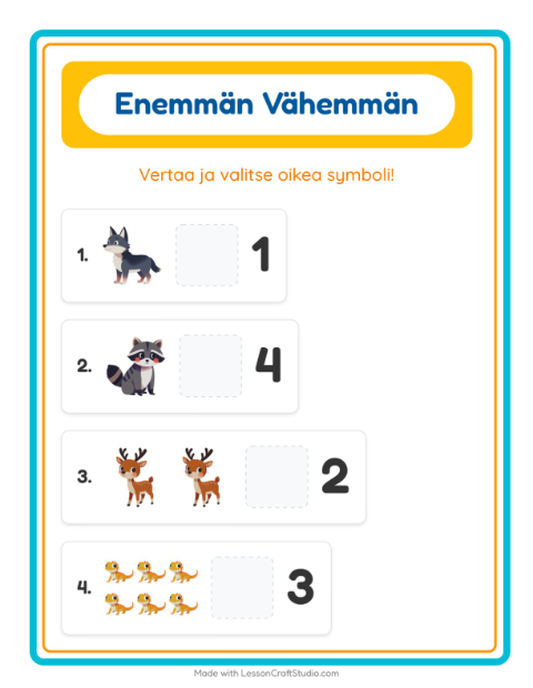 Esikatselu: Enemmän Vai Vähemmän-tehtäväarkki, aiheena Eläimet, Varhaiskasvatus