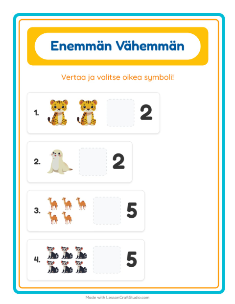 Esikatselu: Enemmän Vai Vähemmän-tehtäväarkki, aiheena Eläintarhan eläimet, Varhaiskasvatus