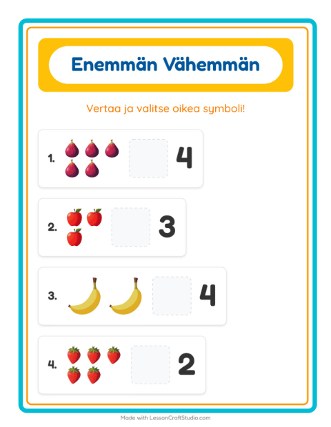 Esikatselu: Enemmän Vai Vähemmän-tehtäväarkki, aiheena Hedelmät, Varhaiskasvatus