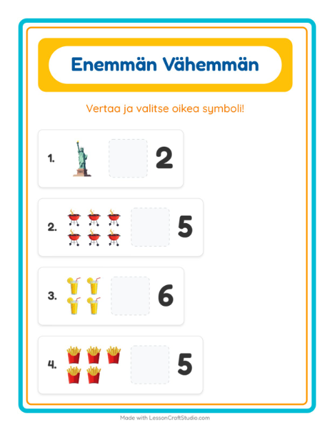 Esikatselu: Enemmän Vai Vähemmän-tehtäväarkki, aiheena Heinäkuun 4., Varhaiskasvatus
