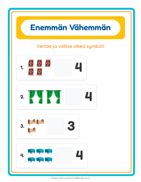 Esikatselu: Enemmän Vai Vähemmän-tehtäväarkki, aiheena Huonekalut, Varhaiskasvatus